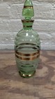 Vintage Green Glass Decanter Bottle Gold Trim Banded Striped 