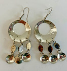 Vintage Sterl Silver Turquoise Chandelier Earrings- Hammered Hoop 3-stone Dangle