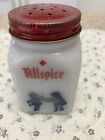 Vtg Atlas Milk Glass Set 6 Dove Dutch Spice Jars Red Metal Rack Kitchen Cottage