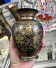Antique Brass Bronze Flower 6    Vase W etched Engraved Flowers