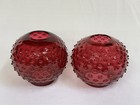 Pair Antique C 1880   s Ruby Cranberry Glass Hobnail 4 Inch Ball Shades Oil Lamp