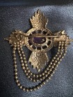 Vintage Purple Glass Brooch Dangling Chains Silver Tone Ornate Statement Pin