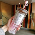 Starbucks Tumbler Pink Sakura Double Glass Straw Cup 591 Ml  Wooden Lid   Plug
