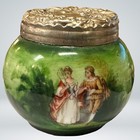 Pair Of Small Antique Hand Painted Porcelain Trinket Boxes  Silver Tops