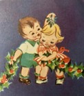 Vintage 1940s Unused Christmas Card Cute Boy   Girl Mistletoe 2   x2   