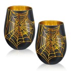 Halloween Stemless Wine Glasses Set Of 2  18 Oz Black Tumbler With Gold Cobwebs 