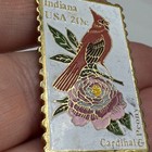 Vintage Indiana Cardinal   Peony Postage Stamp Enamel Lapel Pin Rectangle Silver