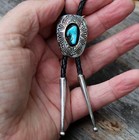 Small Old Navajo Handmade Hand Stamping Sterling Silver Turquoise Stone Bolo Tie