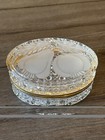 Vintage Oval French Cut Style Glass Etched Fruits Brass Lined Jewelry Casket