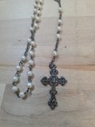 Faux Pearl Silver Tone Catholic Rosary Crucifix Cross Prayer Necklace