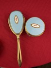 2 Lot Vtg Collectible Vanity Blue Hairbrush   Glass Powder Jar Matching Set