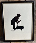 Vintage Hand Cut Paper Silhouette Art 10   x8    Framed Child With Doll Signed