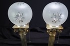 Pair Antique Art Nouveau Style Columnar Table Lamps Frosted Cut Glass Globes
