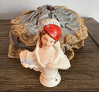 Vintage Porcelain 7  Half Doll Pincushion Arms Away With Folding Fan