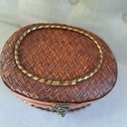 Vtg  Oval Handwoven Chinese Bamboo Basket W  Lid With Metal Closure 9  X 7 x 5 