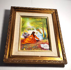 Vintage Enamel On Copper Painting Picture Girls By Lake Gold Gilded Frame