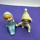 Pair Vintage Taiwan Ceramic Shelf Sitting Green Pixie Elves Blue Blonde Mcm 2 5   