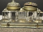 Antique Double Glass Inkwell Brass Desk Set Victorian Ornate Etched Butterfly