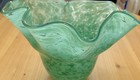 Vintage Handblown Ruffled Handkerchief Bowl Light Green Confetti 7    X 4 5   