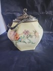 Antique Victorian Glass Biscuit Jar Silverplate Ornate Handle   Lid Hand Painted