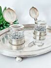 Vintage Silver Plate Double Inkwell W  Lids On Tray Glass Inkwells Monogrammed C