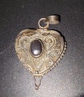 Antique Vintage Sterling Silver Pefume Bottle Heart Pendant Onyx Stone Inlay