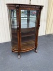 63537 Antique Victorian Oak Hand Carved Bow Glass Lion Head Curio China Cabinet