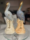 Pair Vintage Ceramic Blue Heron Figurines Luster Glaze Gold Accents