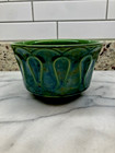 Vintage 1950 s Mccoy Green Round Floraline Pottery Planter Dish Loop Wave   506
