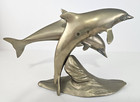 Mcm Solid Brass 2 Swimming jumping Dolphins Wave Statue Nautical Vtg 10 l X 7 h
