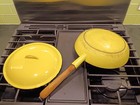 Vintage Descoware Yellow Enameled Cast Iron Skillet   Lid 11  Mid-century