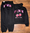 Victoria s Secret Pink Bling Campus Fz Hoodie   Pants Set Black Red Cherry L Xl