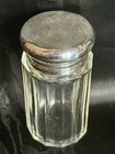 Antique George V English 12 Sided Glass Engraved Sterling Lid Vanity Jar