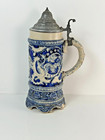 German Westerwald Beer Stein 05l Stoneware Pewter Lid Blue Relief Vintage
