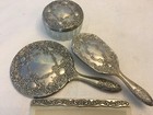 Vintage Silver Plate Vanity Dresser 4 Pc Set Hair Brush  Comb  Mirror Powder Jar