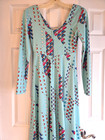 Vintage 1970s Maxi Dress Geometric Print Long Sleeve Aqua Color Mod Retro Party