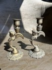 Vintage Ornate Cast Metal Candle Holders Gold Color Winged Cherub Cupid Angel