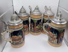 Set Of 5 German Gerz Beer Stein Hinged Pewter Lids