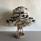 Antique French Summer Pleated Bonnet Blue White Lace Nautical
