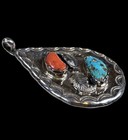 Vtg Sterling Zuni Viola Calavaza Native American Turquoise   Coral Pendant 