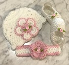 Handmade Crochet Baby Girl Newborn 0-3 Month Hats Shoes Booties Headband