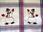 Vintage Christmas Bib Apron Snowmen - Blue Red Stripes - Waitress Baking Nos