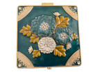 Vintage Enamel Trinket Jewelry Box With Mirror Rhinestone Floral Turquoise Gold