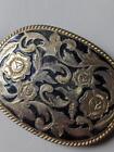Vintage Brass Belt Buckle Engraved Black Enamel Floral Scrolling Western Rodeo