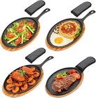 4 Sets Cast Iron Fajita Skillet Set Sizzling Plate With Wooden Base   Anti Sc   