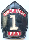Vintage Tiger Hose Firefighter Ffd  1 Black Leather Cairns Fire Helmet Badge