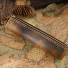 Handmade Cowhide Leather Pencil Pouch Zipper Pen Case Stationery Box Makeup Bag