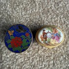 Vintage Porcelain Pill Box Brass Enamel Floral Trim Mini Trinket Case Lot Of 2