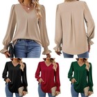 Women V-neck T Shirt Blouse Long Sleeve Plain Loose Pullover Tops Fashion Casual
