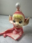 Vintage Japan Red pink Pixie Elf Ceramic Figurine Sitting Big Eye Lashes Damaged
